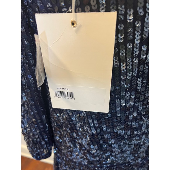 Mac Duggal 5578 size 20Navy Blue Sequin Wrap V Neck Puff Sleeve Midi Dress - Picture 10 of 14